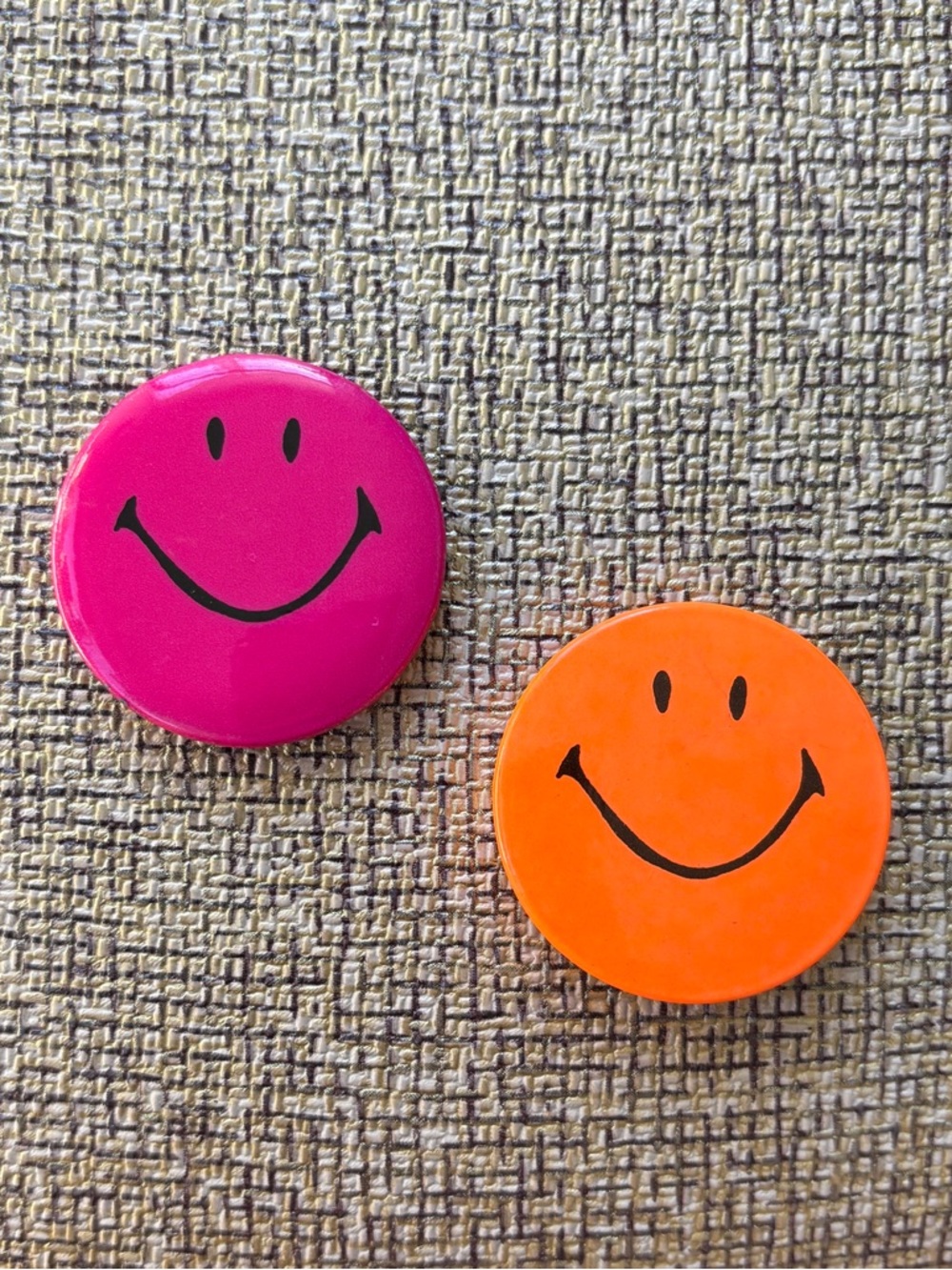 1990s smiley face neon orange and dark magenta pink button pins